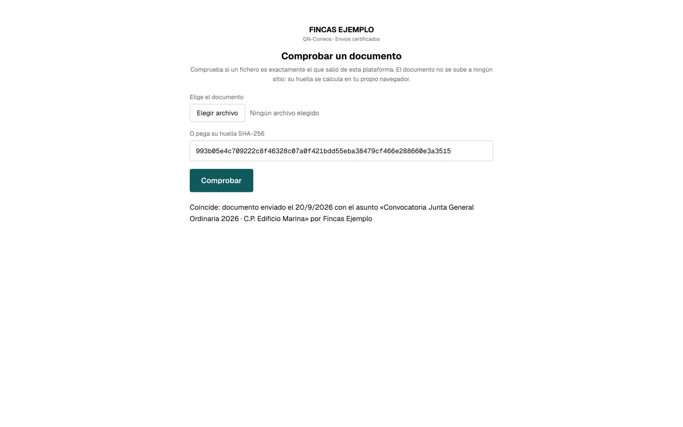 Public page confirming a document matches the one sent