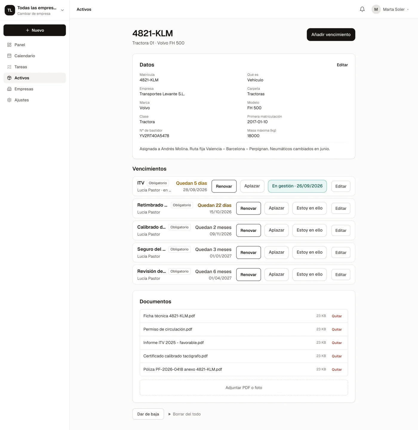 A truck's record with its renewals and documents